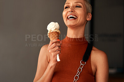 Buy stock photo Woman, ice cream and excited in city, summer and holiday with fashion, happy and memory on sidewalk. Girl, gelato and sugar cone with smile in metro street with thinking, dessert and outdoor in town