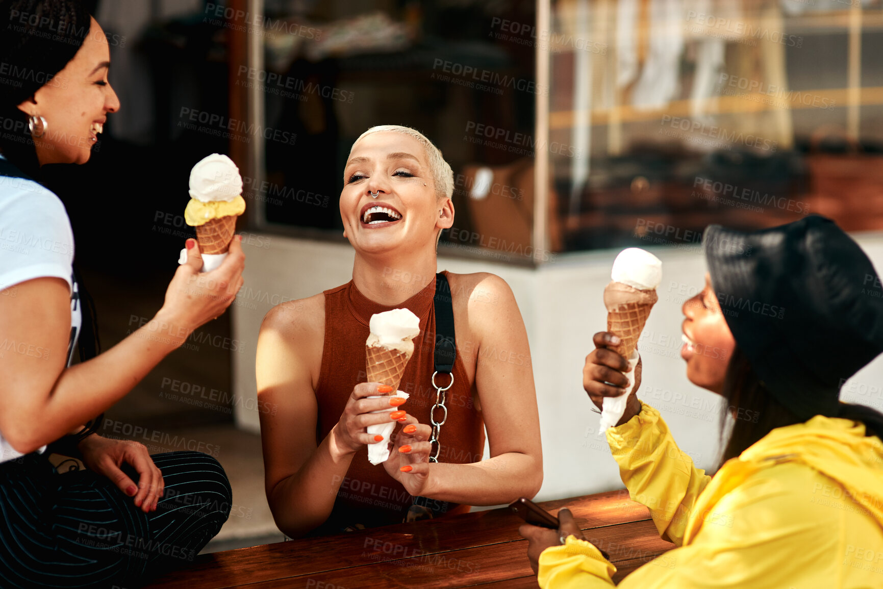 Buy stock photo Friends, girls and laughing in city for ice cream with dessert, summer snack and funny conversation outdoor. Group, people and happy with cone for relax, bonding and comic gossip story in urban town