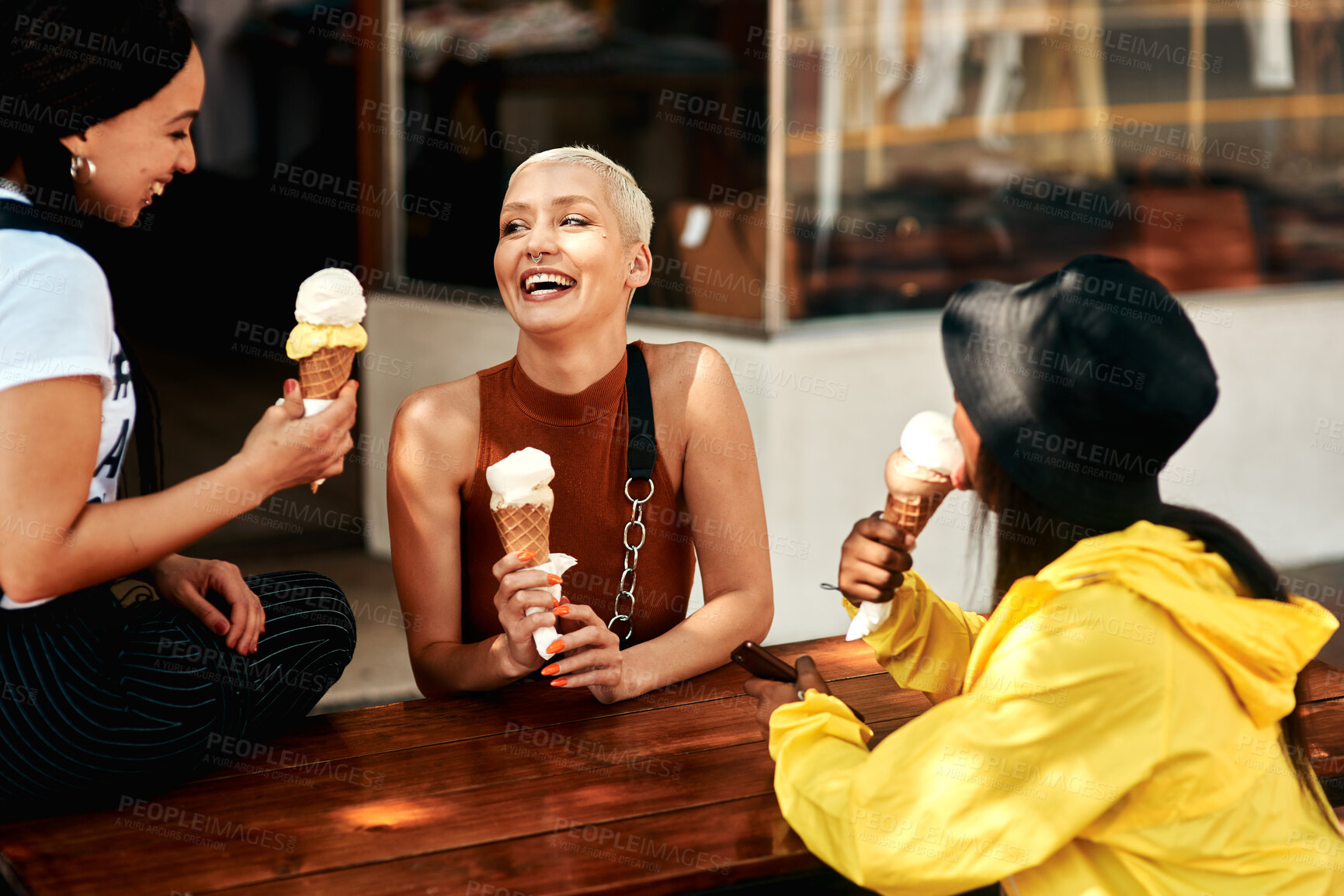Buy stock photo People, girls and laughing in city for ice cream with dessert, summer snack and funny conversation outdoor. Group, friends and happy with cone for relax, bonding and comic gossip story in urban town