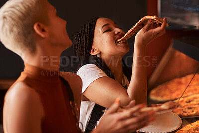 Buy stock photo Pizza, friends and women eating food at a restaurant with order and hungry at lunch with takeaway. Customer, dinner and happy people together with bonding and smile at a diner with meal or funny bite