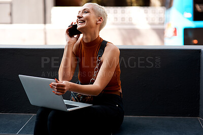 Buy stock photo Woman, phone call and laptop or networking laughing as web designer for business, software or contact us in city. Female person, cellphone and humor with funny joke for project, proposal or computer