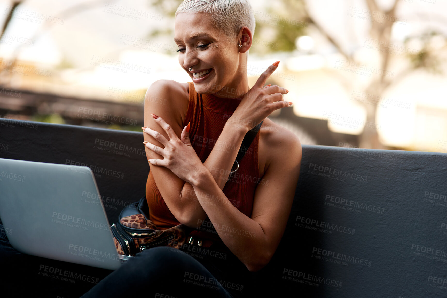 Buy stock photo Woman, laptop and freelancer in outdoor, smile and online for copywriter research or media project. Female person, remote work and planning in urban city, startup and website for job opportunity