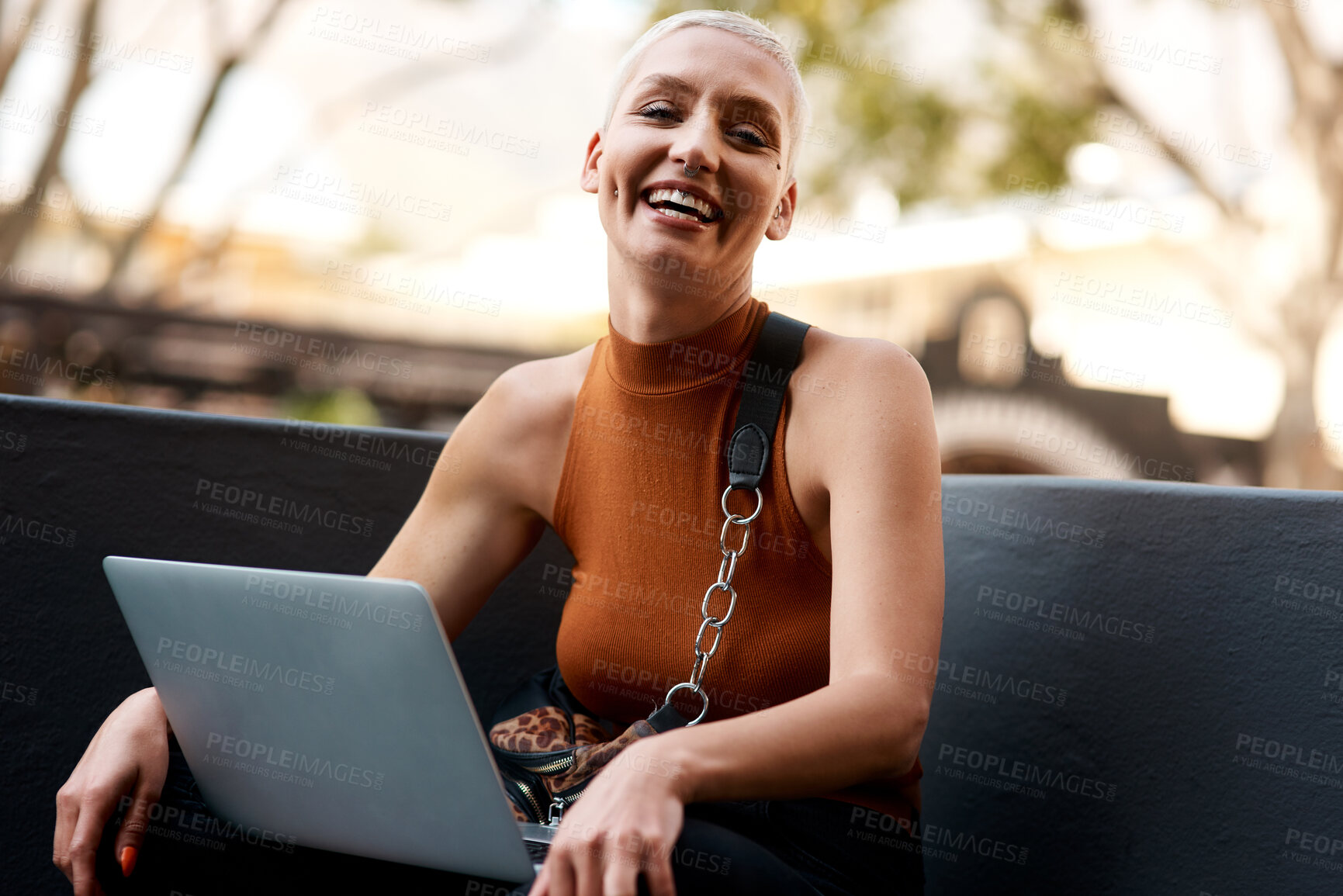 Buy stock photo Woman, laptop and freelancer in outdoor, portrait and online for copywriter research or check email. Female person, remote work and planning in urban city, project and website for job opportunity