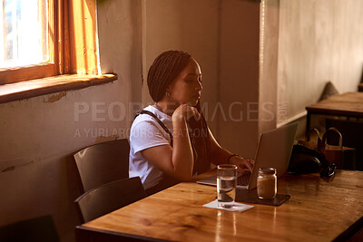 Buy stock photo Woman, typing and reading on laptop in cafe with social media scroll, internet browsing and ebook. Freelancer, copywriter and research with technology for blogging and article planning in coffee shop