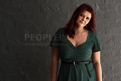 Buy stock photo Portrait, plus size woman and fashion at wall for confidence, new look or natural beauty in Australia. Summer dress, positive attitude or female person with smile for accessories, style or curves