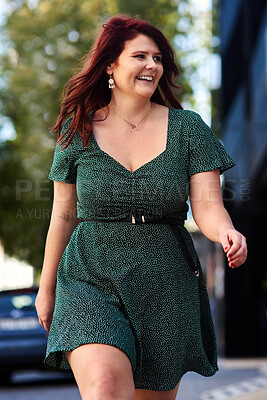 Buy stock photo Woman, green dress and smile in urban city, walking and confident outdoor for break. Street, cool girl and sightseeing for fun, casual day or edgy with trendy clothes, summer and excited pedestrian