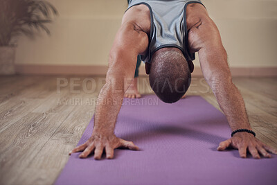 Buy stock photo Man, yoga and downward dog in home for health, wellness and body flexibility for practice routine. Strong, zen yogi and male person in pilates session for mindfulness, wellbeing or balance on mat