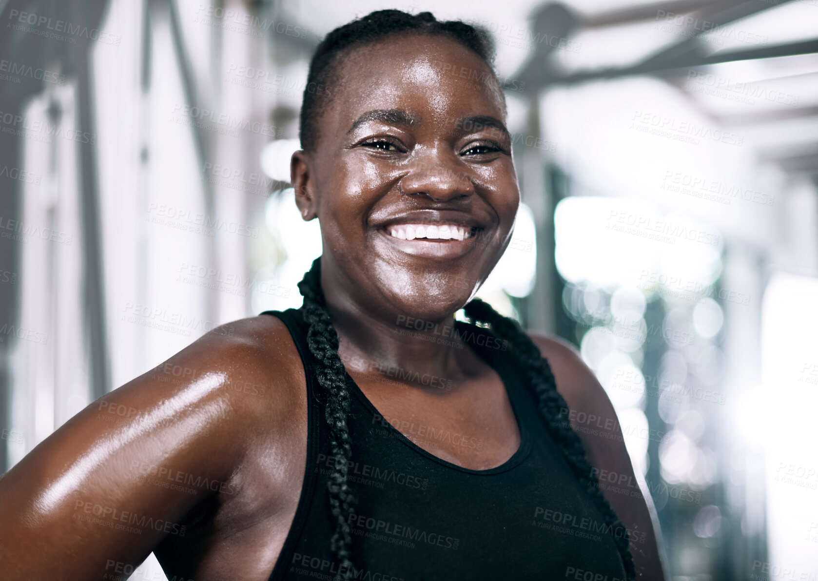 Buy stock photo African woman, happy and portrait with sweat in gym for fitness, wellness and exercise. Female athlete, workout and strong with smile for training, health and pride for progress or performance