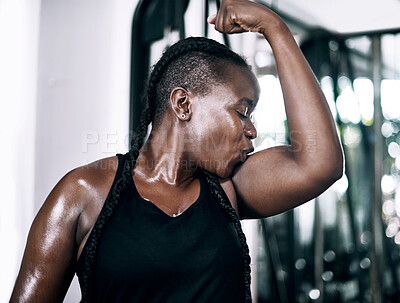 Buy stock photo Black woman, muscle and kiss for fitness, pride and confidence for sports workout. Smile, bodybuilder and cardio for gym and body health, active and challenge for African person in studio training