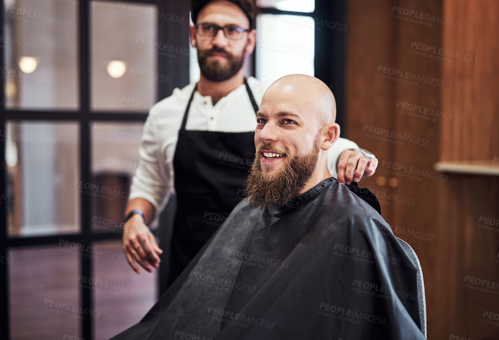 Buy stock photo Portrait, client and man in barbershop with beard, cut and smile for trendy hairstyle at small business. Style, barber and customer in chair for grooming service, creative hair care and clean trim.