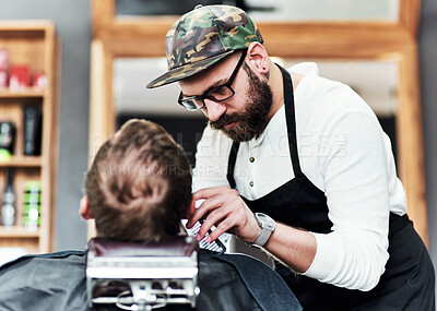 Buy stock photo Barbershop, beard grooming and men with hairdresser and customer with barber and shaver with service. Facial hair trim, equipment and salon client with professional and expert with tattoo and comb