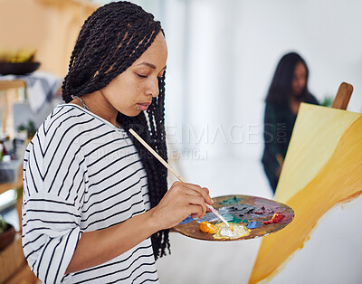 Buy stock photo Woman, artist and paint palette for creative workshop or art therapy or mixing watercolor, paintbrush or hobby. Female person, student and talent class or project earning for picture, easel or canvas