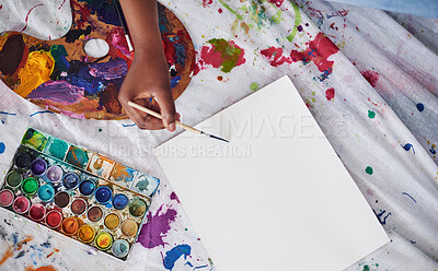 Buy stock photo Paintbrush, person and hands for palette in studio, color and craft in small business and above. Workshop, equipment and supplies for artist, container and project, art and painting with inspiration