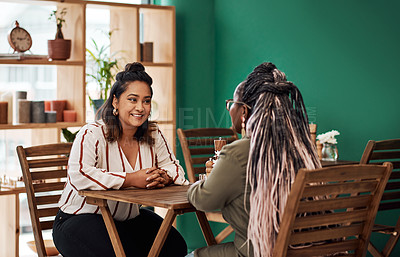 Buy stock photo Conversation, friends and women in coffee shop for communication, discussion and connection. People, diversity and happy together for news, gossip or story and reunion in cafe or restaurant in France