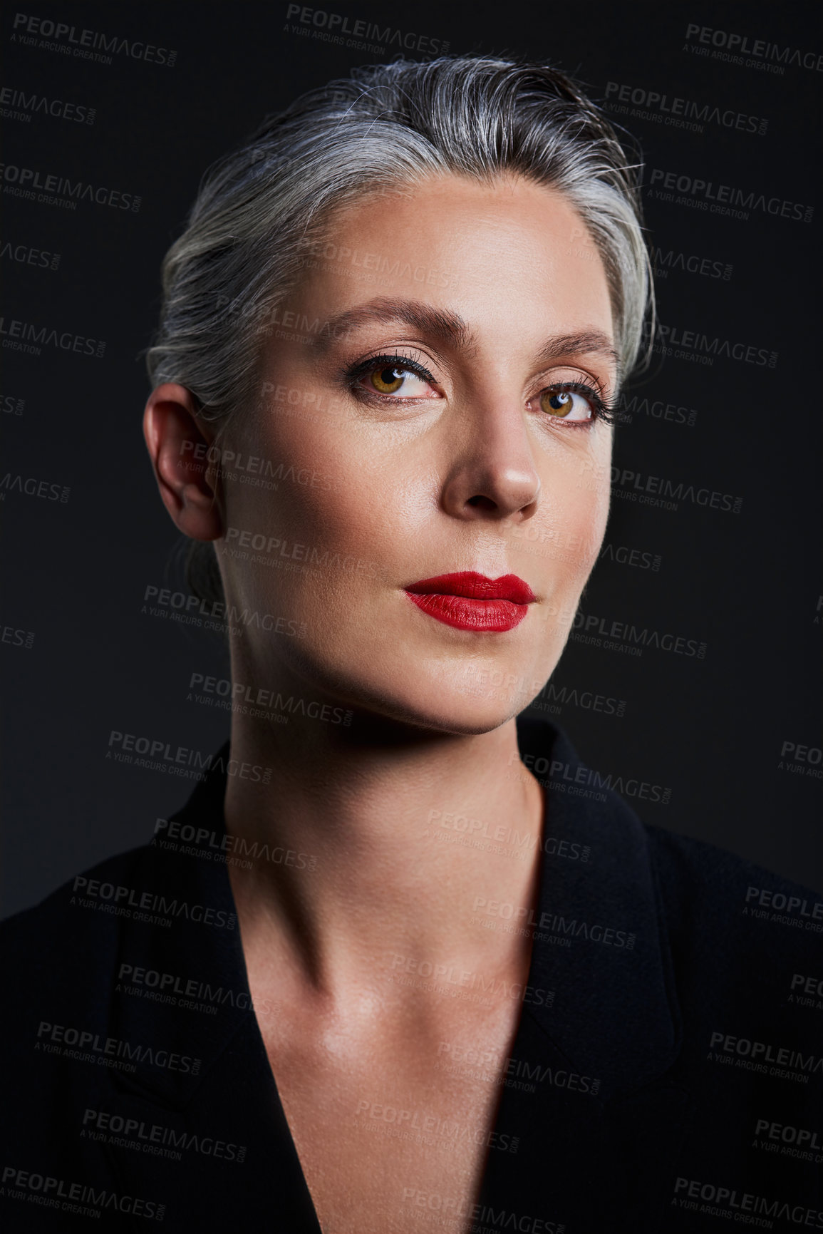 Buy stock photo Woman, portrait and cosmetics in studio, makeup and confident for skincare on black background. Female person, transformation and dermatology pride or skincare, grace and facial treatment for glow