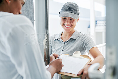 Buy stock photo Woman, delivery and customer signing package document for online shopping, ecommerce and retail shipping. People, smiling and talking for shipment of parcel, cargo or courier logistics and services