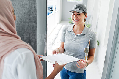 Buy stock photo Happy, woman and envelope with delivery for package, ecommerce and supply chain distribution. Muslim person, house and people with document for logistics industry, shipping or online shopping for Eid