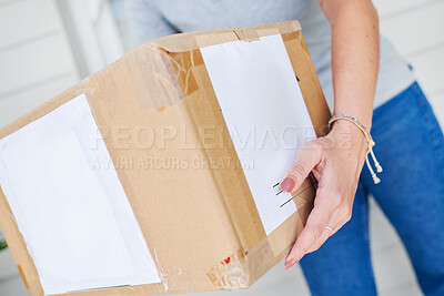 Buy stock photo Woman, hands and box for delivery of order, shipping and parcel by home for transport of purchase. Closeup, package and import or online store and postage, employee and supply chain for distribution