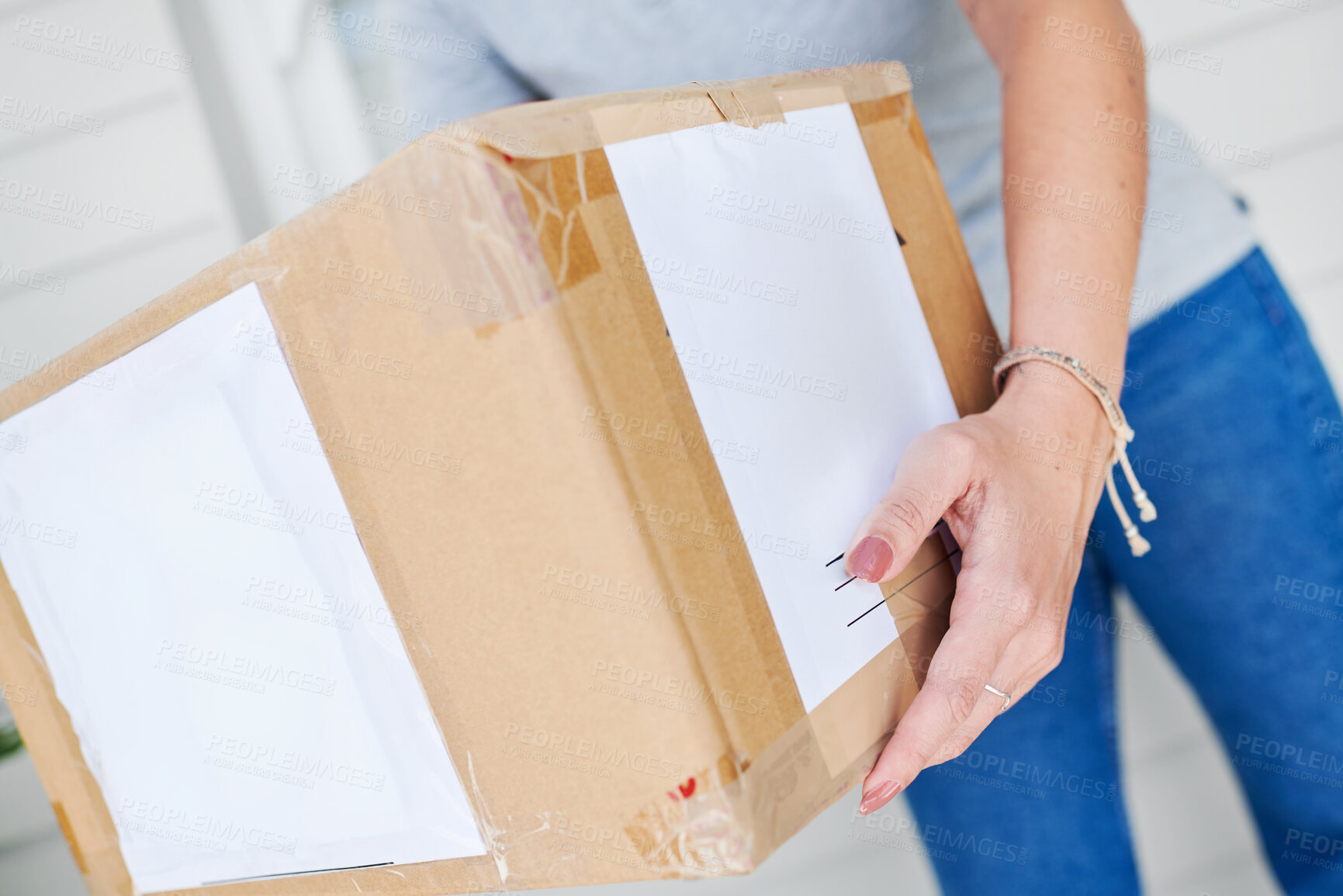 Buy stock photo Woman, hands and box for delivery of order, shipping and parcel by home for transport of purchase. Closeup, package and import or online store and postage, employee and supply chain for distribution