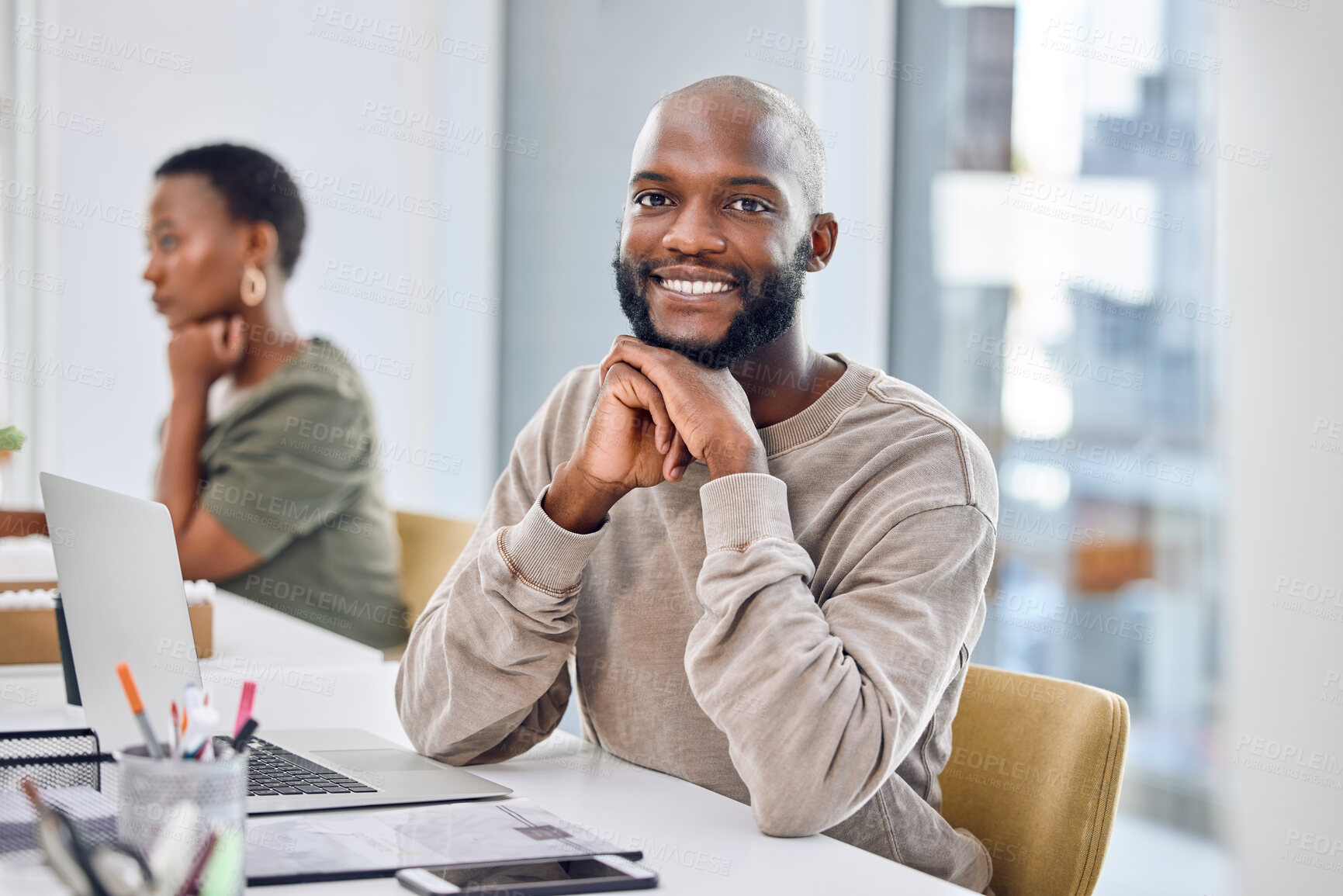 Buy stock photo Black man, portrait and working on laptop in office for online research, confidence and planning in journalism. Face of journalist with computer in workplace for media report, article or newsletter