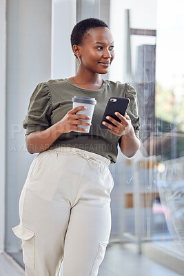 Buy stock photo Black woman, coffee and thinking with phone by window for office inspiration, communication and journalism solution. Creative person or online media journalist with ideas for headline in mobile news