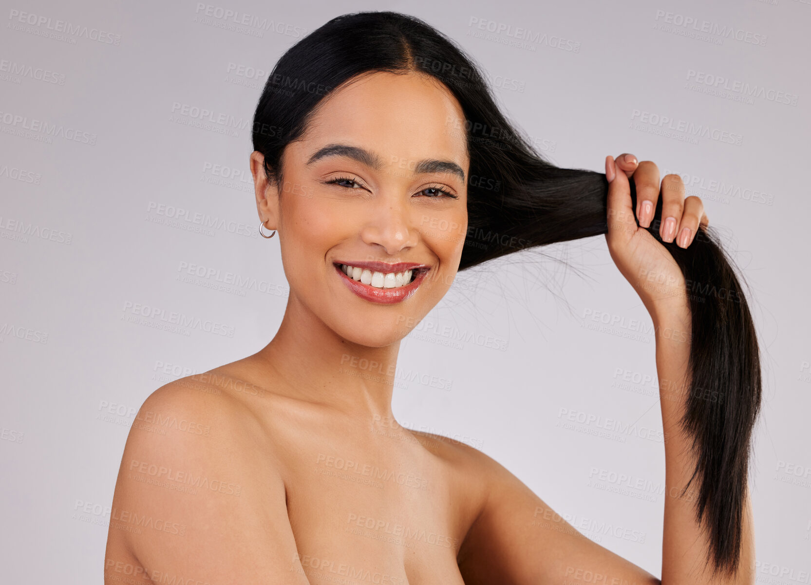 Buy stock photo Hair care, portrait and woman with salon in studio for growth, keratin treatment or shampoo glow on white background. Hairstyle, aesthetic and model with smile for confidence, cosmetics or texture