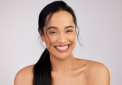 Buy stock photo Woman, portrait and happy for skincare for routine in studio on white background and satisfied with results. Natural, beauty and smile with confidence for transformation, facial and skin treatment