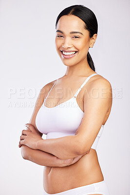 Buy stock photo Woman, smile and portrait in studio with underwear, confidence and fitness with healthy diet for body. Wellness, natural and happiness with nutritionist isolated on white background with pride.