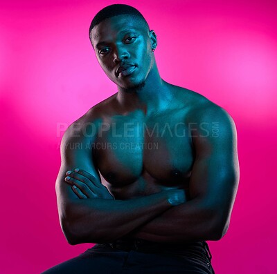 Buy stock photo Portrait, black man and arms crossed with neon for fitness, health and body care in studio. Bodybuilder or athlete, confidence and muscles by pink background for wellness, training and results