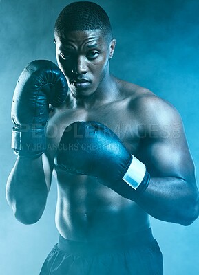 Buy stock photo Portrait, black man and strong as professional, boxer on blue background for fitness or challenge. Male person, gloves and topless for fight with muscle, athlete or training for championship in sport