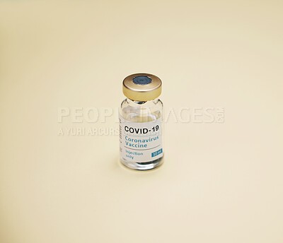 Buy stock photo Vaccine, vial and medicine for health in studio from safety, protection and prevent spread of covid virus. Medical, cure and science with solution, liquid and drugs by research for good results 