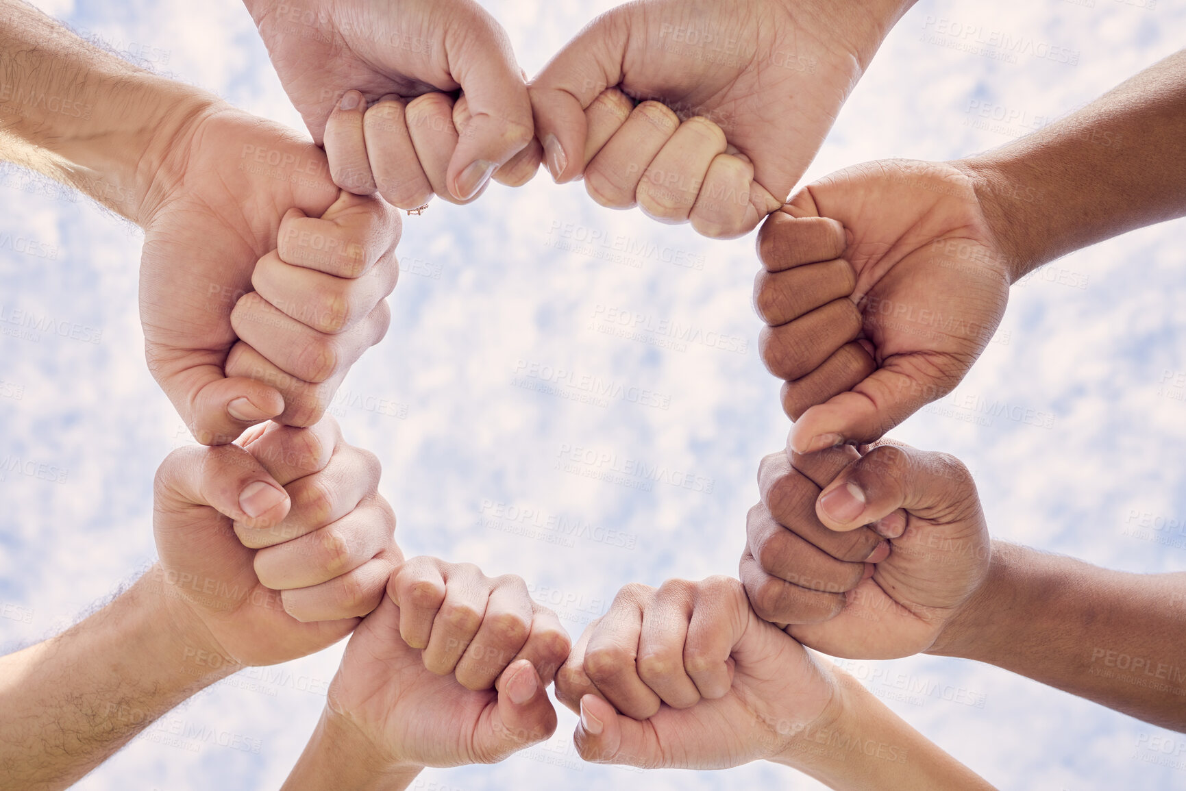 Buy stock photo Teamwork, unity and circle with hands for trust with sky for community with diversity for freedom. Synergy, solidarity and group fist bump for team building with positivity, growth and partnership.