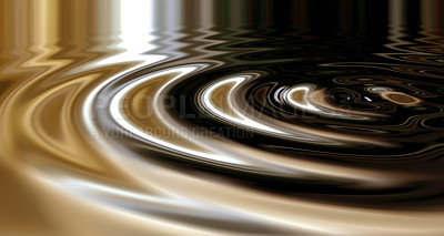 Buy stock photo 3D wallpaper of liquid ripples or silver shiny circular lines with a metallic reflection on the surface. Texture, effect and artistic pattern of movement in a chrome pool with glowing zen water