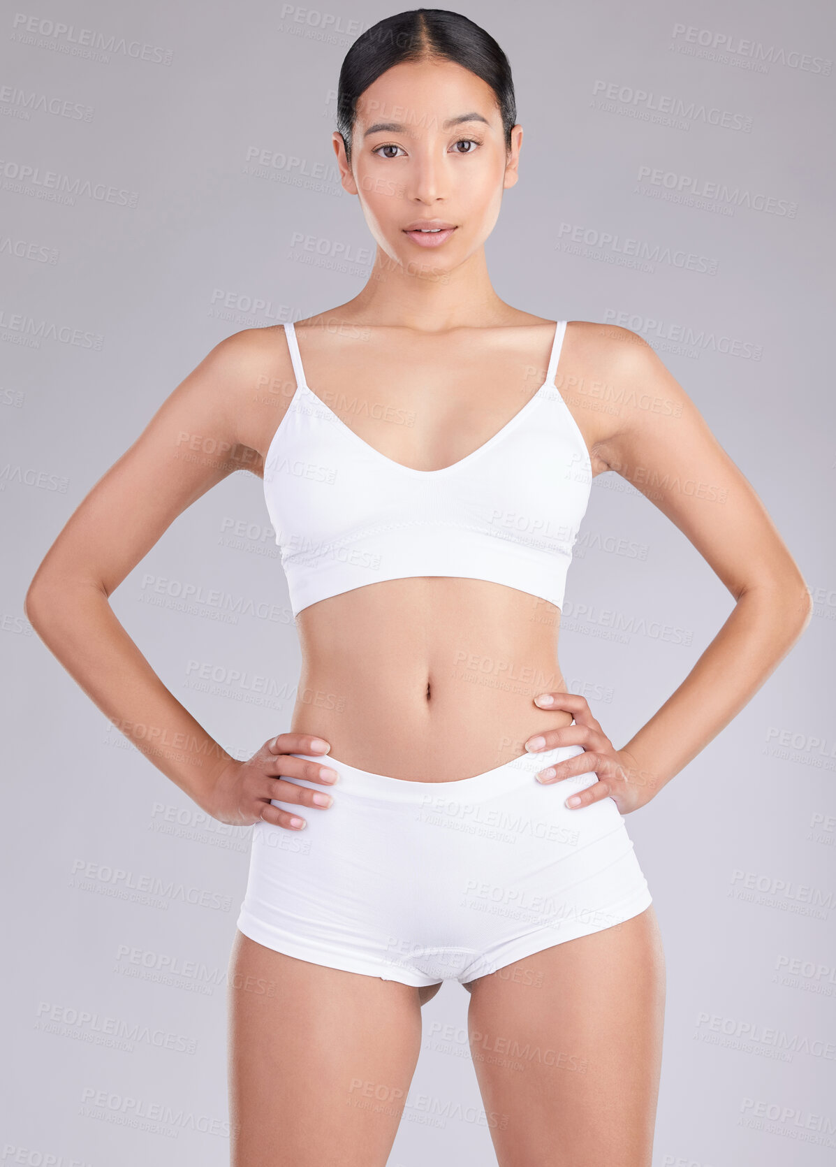 Buy stock photo Studio, tattoo and portrait of woman with underwear for self care, wellness and weight loss. Confident, female person and pride on white background for body art, transformation and care for health