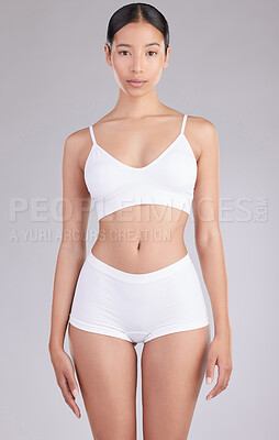 Buy stock photo Studio, pride and portrait of woman with underwear for weight loss, transformation and satisfaction. Relax, person and tattoo with smile for body care, confidence and wellness on white background