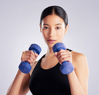 Buy stock photo Studio, dumbbell and woman in portrait for training, sports and preparing for competition. Professional, female mma fighter and weightlifting for fitness, exercise or practice by white background