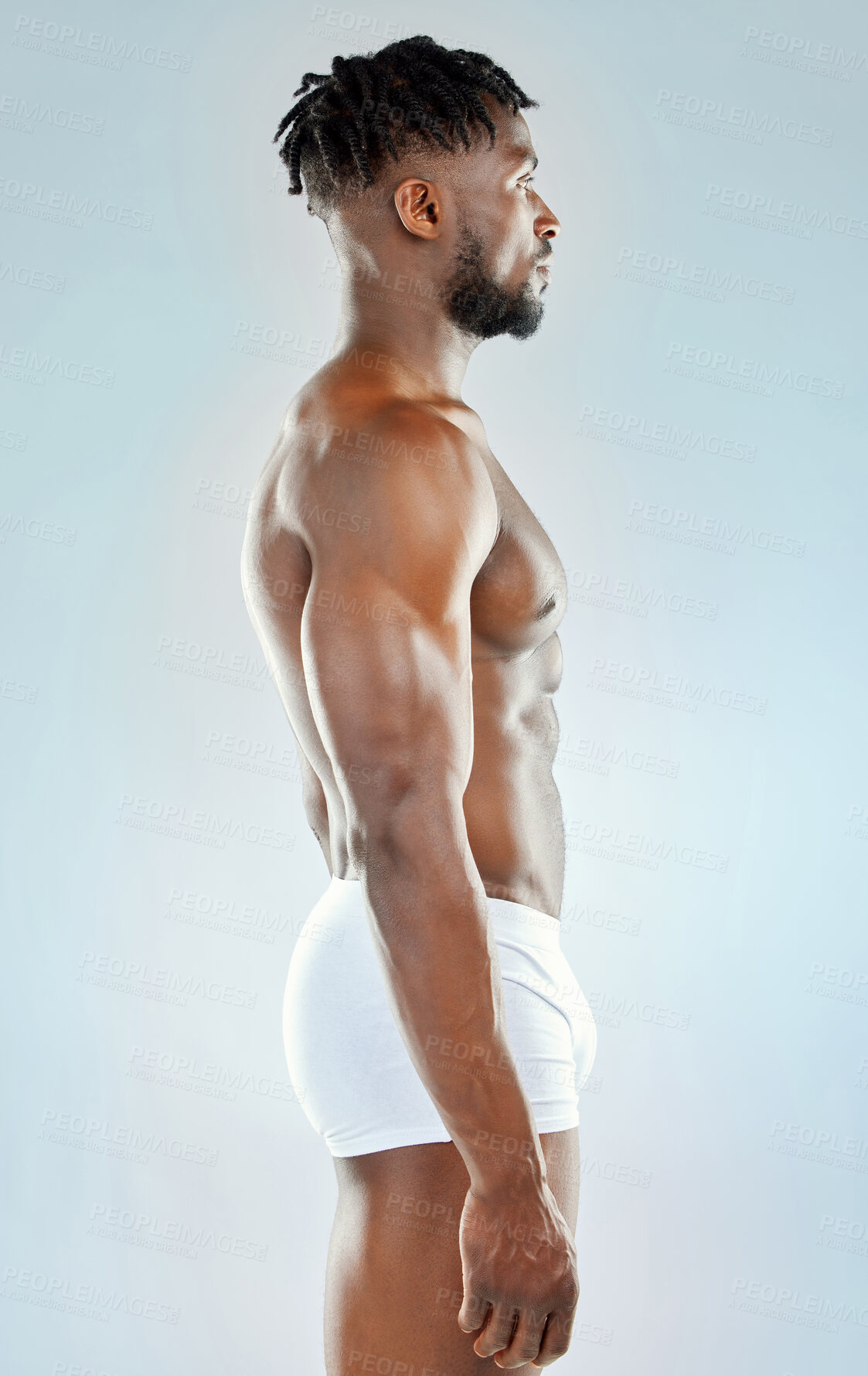 Buy stock photo Profile, shirtless and muscular with black man, fitness and skincare on white studio background. Side, African person and model in underwear, shine and bodybuilder with exercise, body and healthy