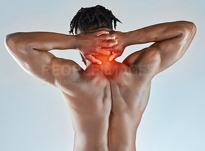 Buy stock photo Man, back and body with neck pain in studio for training accident, bruise and injury in exercise. Bodybuilder, overlay and inflammation on white background for tension, pressure and muscle strain