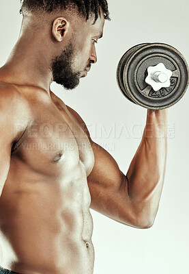 Buy stock photo Studio, exercise and black man with dumbbells, lifting and muscle of athlete, abs and fitness for wellness. White background, equipment and bodybuilder in workout, strong or practice of person in gym