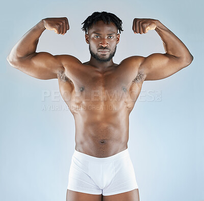 Buy stock photo Black man, flexing and studio portrait in underwear for body, wellness or exercise and results. Biceps, strong and athlete or bodybuilder with confidence for workout and training by white background