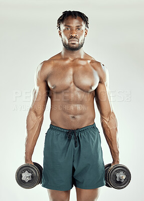 Buy stock photo Strong, black man and weightlifting in exercise, fitness or wellness in health, muscle or training. Topless, male person and bodybuilding in sports with dumbbell, gym or endurance in white background