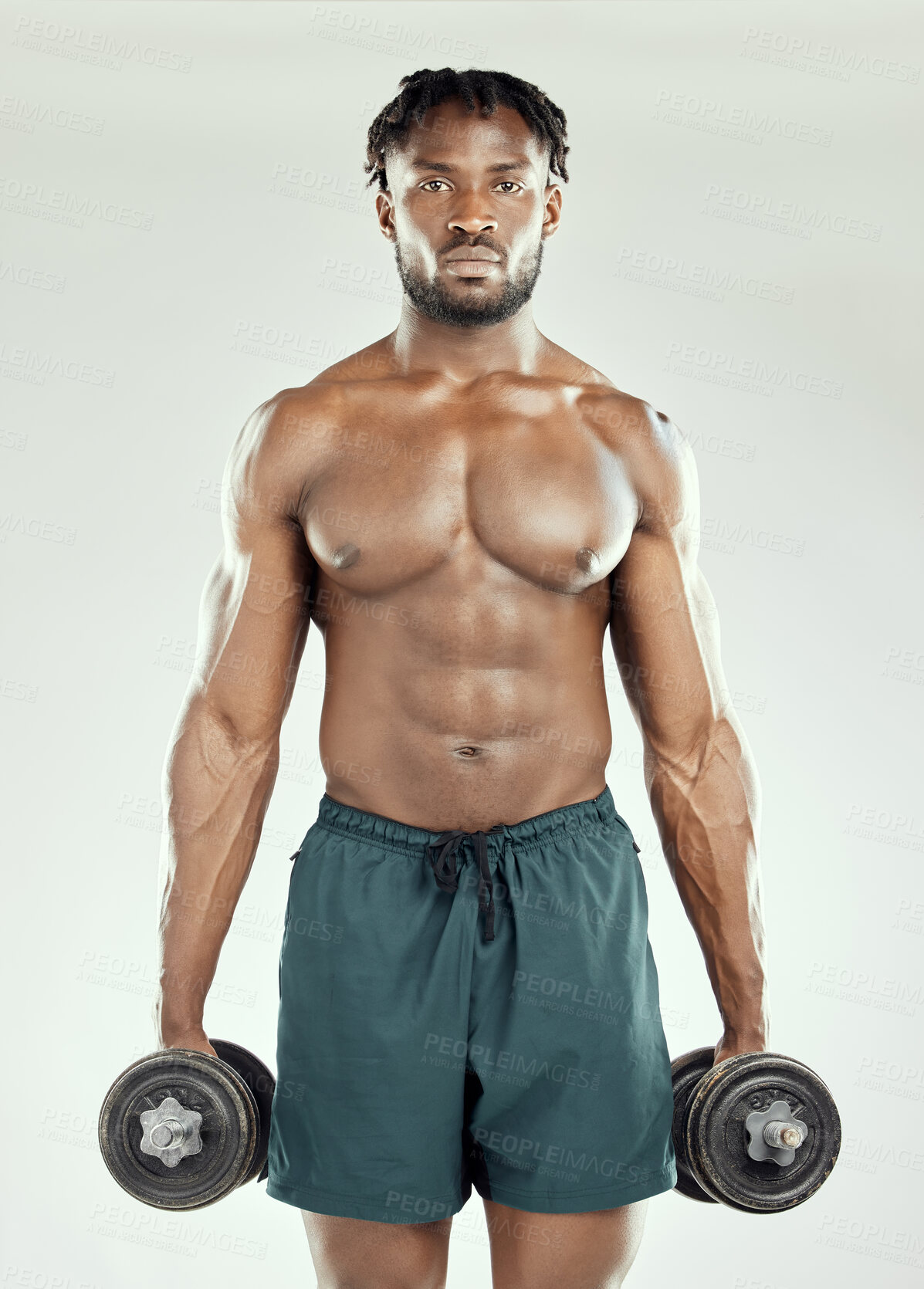 Buy stock photo Strong, black man and weightlifting in exercise, fitness or wellness in health, muscle or training. Topless, male person and bodybuilding in sports with dumbbell, gym or endurance in white background