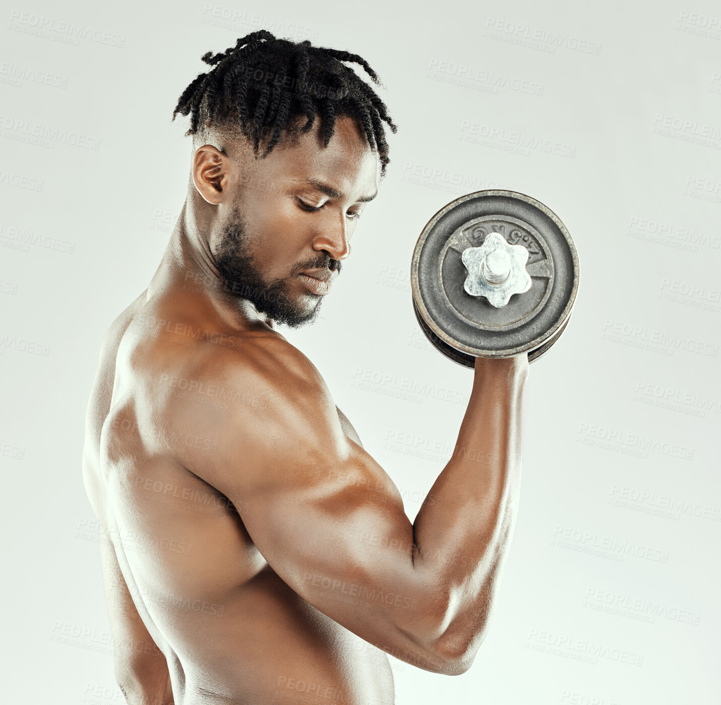 Buy stock photo Studio, fitness and black man with dumbbells, lifting and muscle of athlete, abs and exercise for wellness. White background, equipment and bodybuilder in workout, strong or practice of person in gym