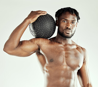 Buy stock photo Portrait, black man and wellness in studio with medicine ball, health and recovery or equipment for athlete injury. Training, workout and exercise for fitness with gym challenge and background