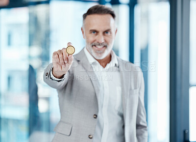 Buy stock photo Mature businessman, portrait and coin in office smiling for crypto currency, financial security and ecommerce. Male person, gold money or cash in suit for investment, safe payment or blockchain 