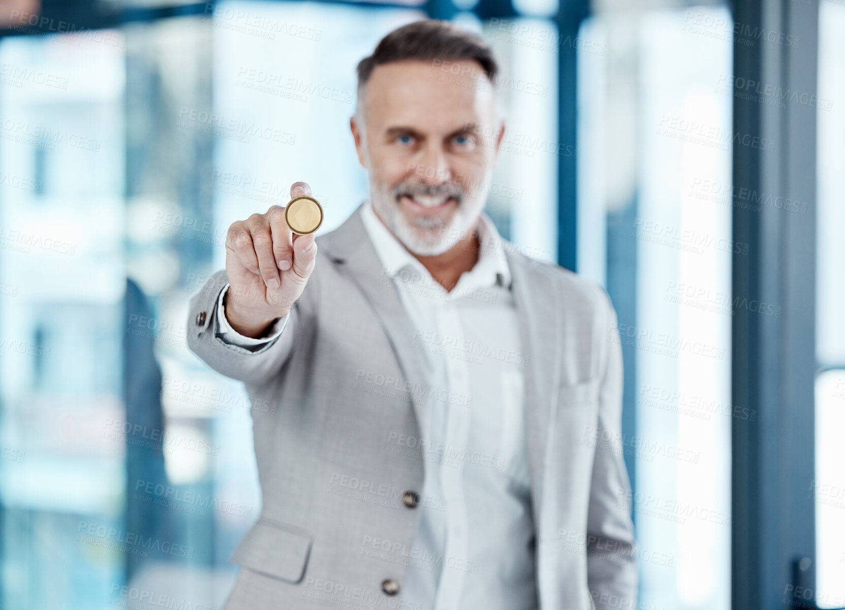 Buy stock photo Mature businessman, portrait and coin in office smiling for crypto currency, financial security and ecommerce. Male person, gold money or cash in suit for investment, safe payment or blockchain 