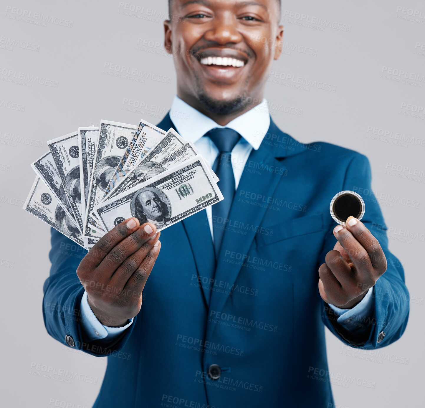 Buy stock photo Businessman, cash and coin in portrait smiling for crypto currency or financial security on studio grey background. Black male person, money and happy in suit for investment, payment or blockchain