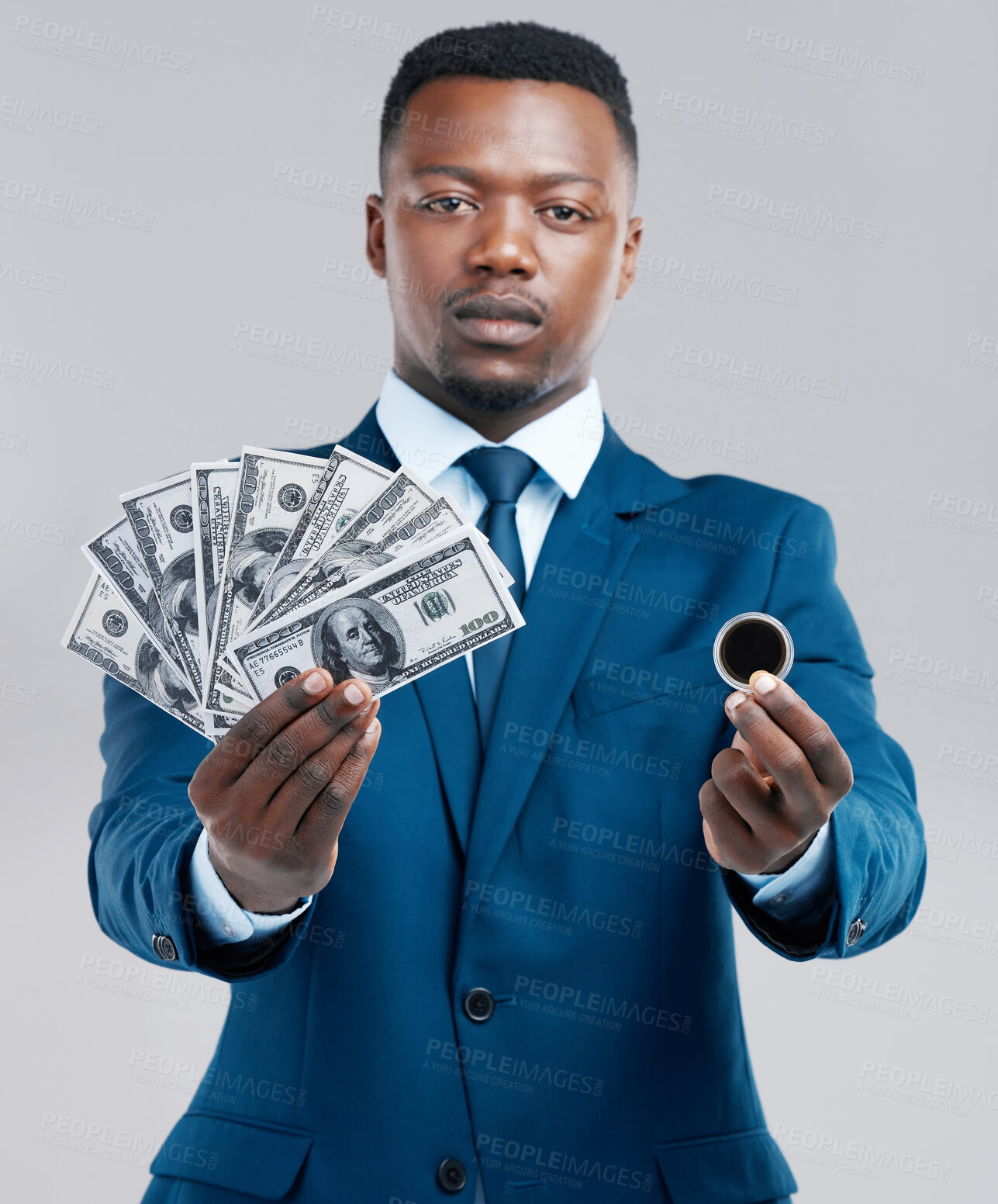 Buy stock photo Businessman, cash and coin in portrait confident for crypto currency or financial security on studio white background. Budget, black person and money in suit for investment, payment or blockchain