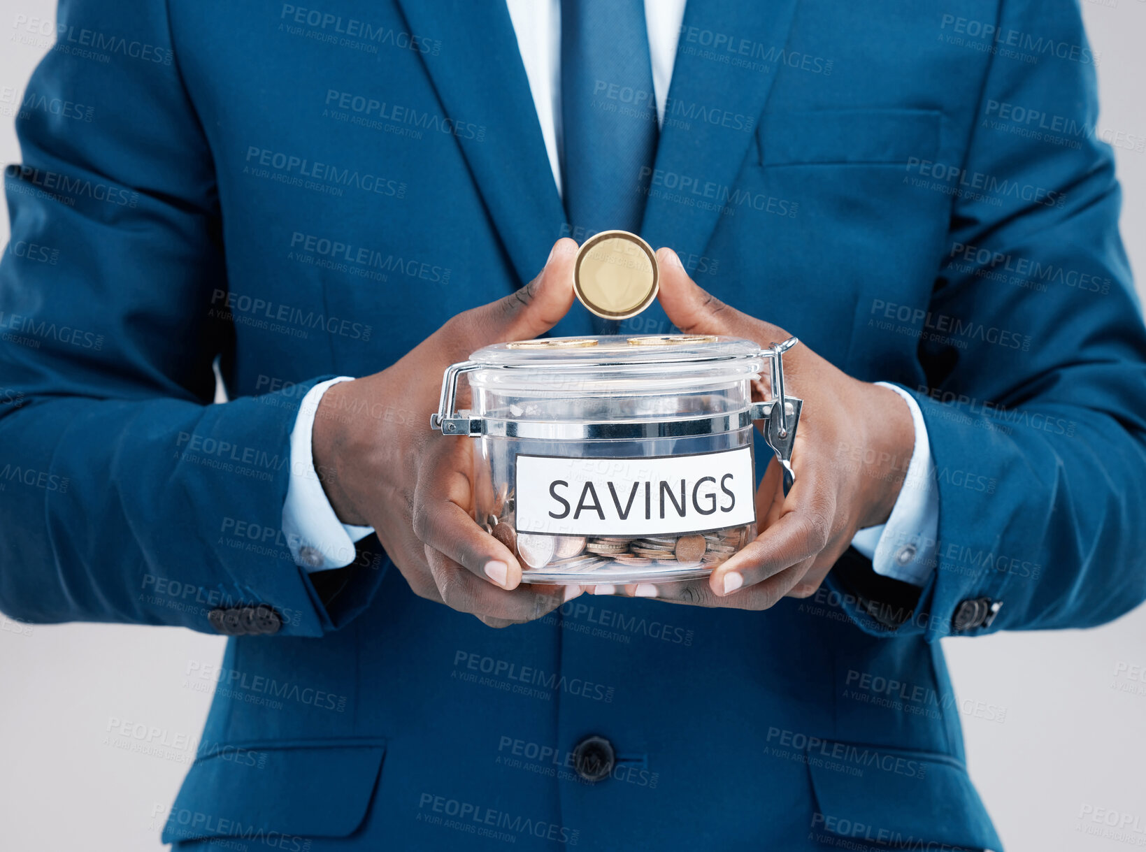 Buy stock photo Businessman, gold coin and savings in jar on studio grey background for crypto currency and financial security. Person, budget and token storage for growing wealth, safe money and investing in future