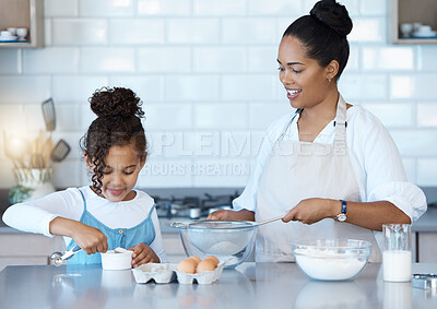 Buy stock photo Learning, mother and child baking in kitchen for family bonding, love and care together. Mom, happy girl and teaching kid cooking food with flour, eggs and sugar to help with dessert recipe in home